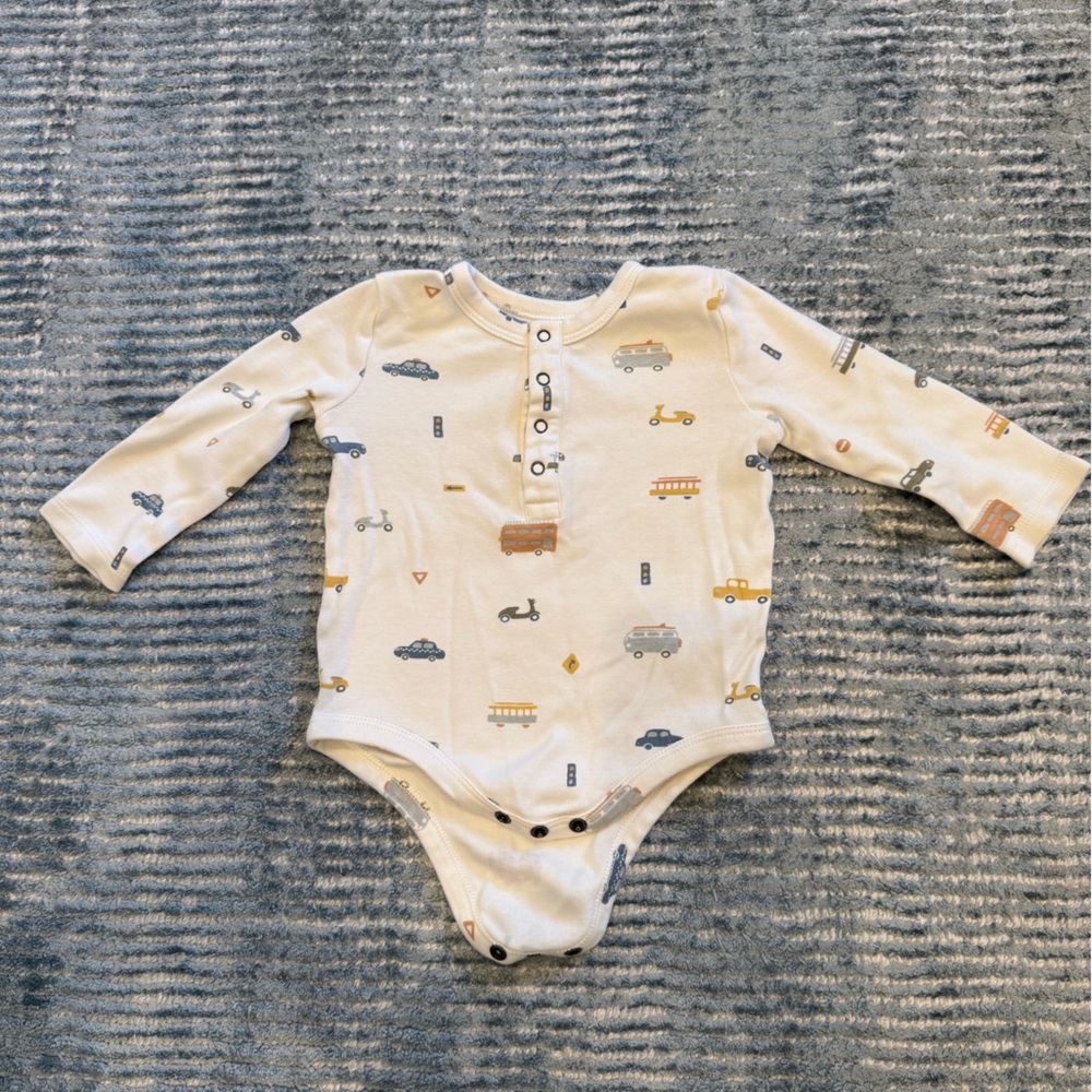 Pehr Cream Long-Sleeve Kids Onesie with Vehicle Print